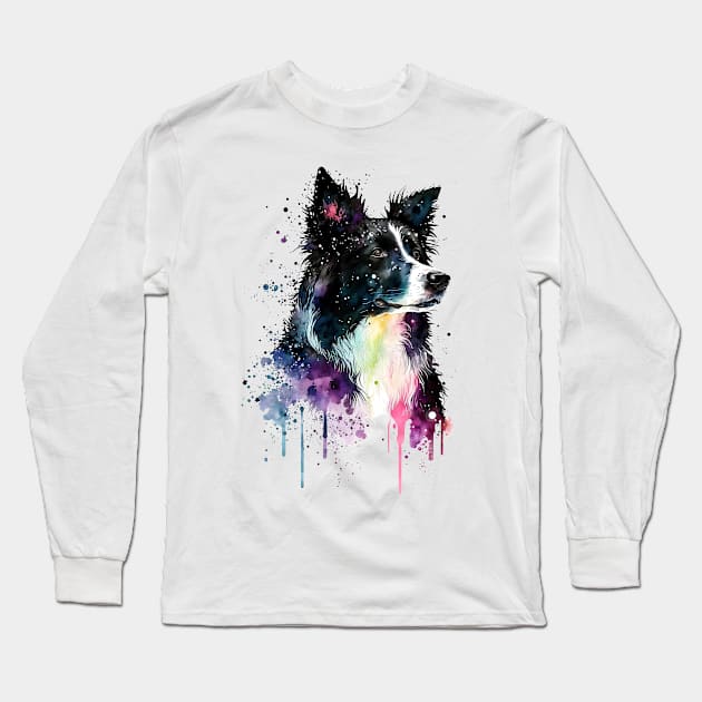 Rainbow Border Collie Watercolor Art Long Sleeve T-Shirt by doglovershirts